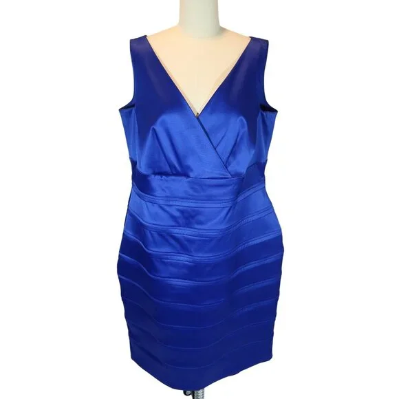 CALVIN KLEIN Sapphire Blue Satin Sleeveless Sheath Dress 16 Evening Cocktail - Picture 1 of 7